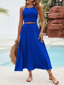 SHEIN VCAY Solid Color Texture Casual Two Pieces Beach Set For Vacation