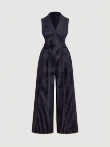 SHEIN MOD Plus Size Elegant Sleeveless Striped Jumpsuit, Suitable For Commuting