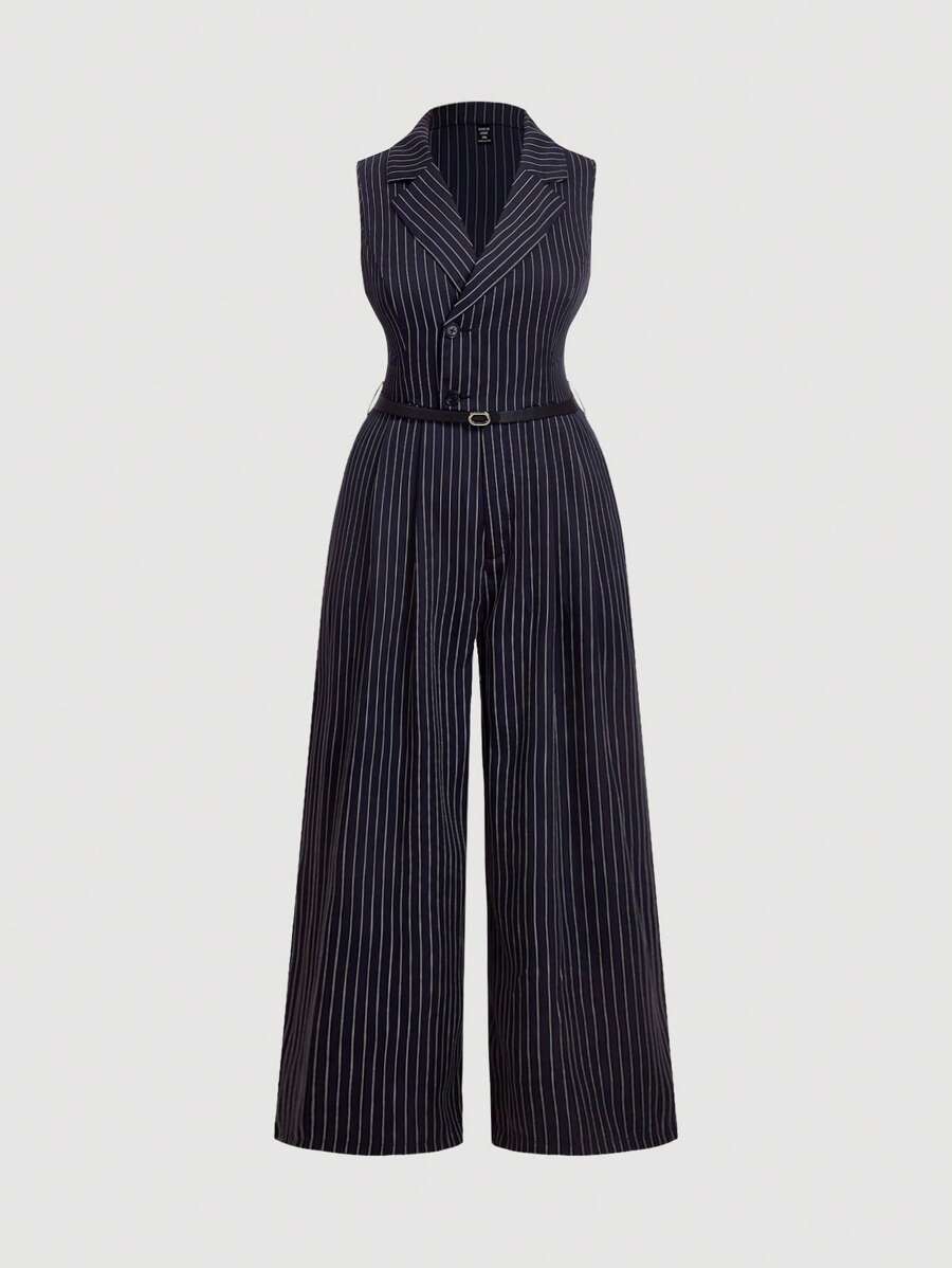 SHEIN MOD Plus Size Elegant Sleeveless Striped Jumpsuit, Suitable For Commuting