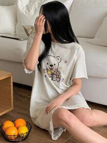 DAZY Camisón de mujer con estampado de oso de dibujos animados de manga corta, para invierno