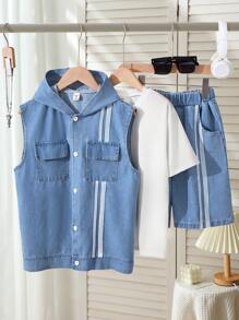 Explorewe Tween Boy Striped Denim Cargo Pocket Hoodie Vest, Round Neck Short Sleeve T-Shirt And Shorts 2Pcs Set Boys Clothes Outfit Sets