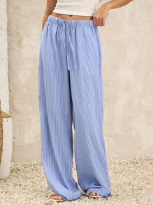 Manfinity Unisex Unisex Casual Woven Vertical Striped Mid Rise Drawstring Loose Wide Leg Pants, Suitable For Daily Wear - Blue - View 1