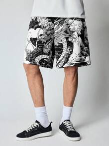 ROMWE MEN Anime 男士休闲简约时尚短裤，日常穿着 - 黑色 - 查看 4