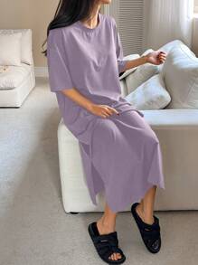 DAZY Vestido de estar por casa con dobladillo suelto y hendidura de color liso
