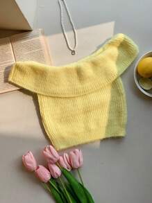 Comfortcana 露肩短款针织上衣，休闲纯色 - 黃色 - 查看 1