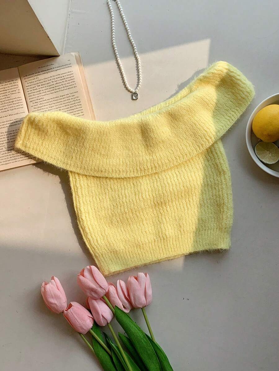 Comfortcana 露肩短款针织上衣，休闲纯色 - 黃色 - 查看 1