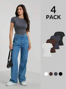 SHEIN Tall 4pcs Multi-Packs Basic Round Neck Short Sleeves T-Shirt - Multicolor - View 1