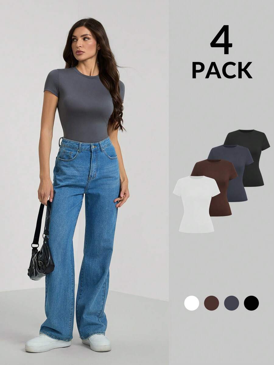 SHEIN Tall 4pcs Multi-Packs Basic Round Neck Short Sleeves T-Shirt - Multicolor - View 1