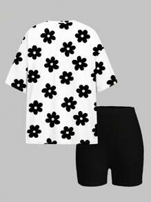 SHEIN Leap Crew 2 件套 Tween 女童可爱花卉印花休闲简约短袖 T 恤和短裤套装，适合夏季 - 彩色 - 查看 3