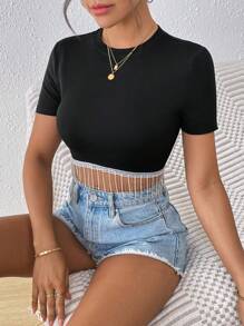 Chiquease 女士短袖水钻流苏闪光针织修身休闲派对 T 恤，夏季