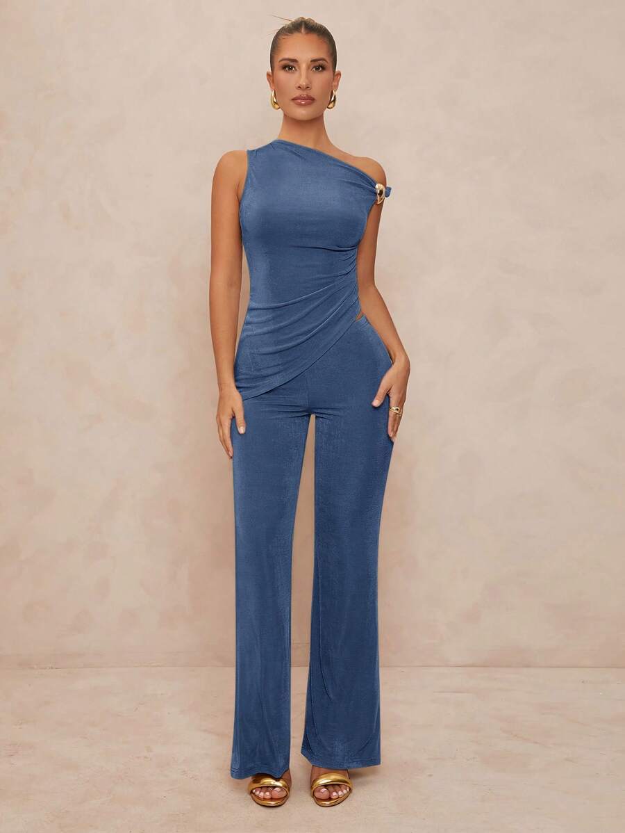 Lumalex 1pc Women's Metal Decor Asymmetrical Bodycon Flare Two Pieces Set, Summer Sets - Dusty Blue - View 1