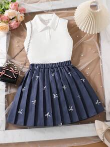 女童无袖纯色上衣和简约短裙两件套，夏季时尚风格 - 白色 - 查看 7