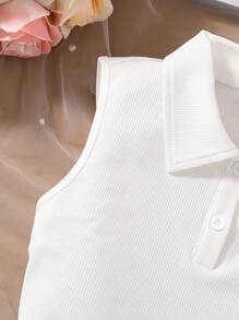 女童无袖纯色上衣和简约短裙两件套，夏季时尚风格 - 白色 - 查看 3