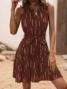 SHEIN Clasi Random Striped Print Casual Vacation Dress - Coffee - View 5