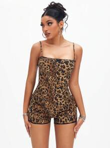 SHEIN ICON 女士豹纹蝴蝶结装饰牛仔连体衣