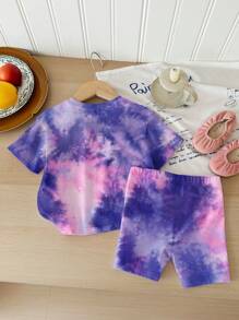 SHEIN Happikins Tie Dye Heart Pattern, Baby Girl Casual Minimalist Crew Neck Short Sleeve T-Shirt And Leggings Set, Suitable For Spring/Summer - Multicolor - View 2
