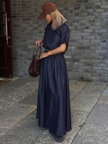 DAZY 2pcs Women Summer Waist-Cinching Polo Collar Short Sleeve Shirt & Denim Skirt Set - Dark Wash - View 5