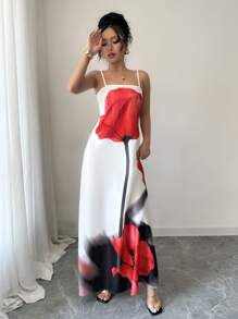 Rafferiza Váy Maxi hở lưng in họa tiết hoa hồng cho nữ, trang phục đi nghỉ, Xuân/Hè - trắng - Xem 3