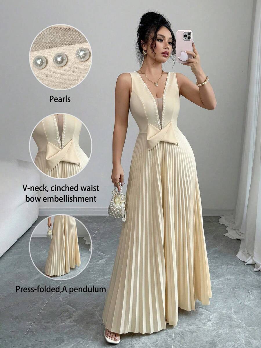 Elenzga Đầm nữ dáng chữ A không tay cổ chữ V, eo nhún, đính ngọc trai, xếp ly, nơ thanh lịch, lãng mạn - Màu be - Xem 1