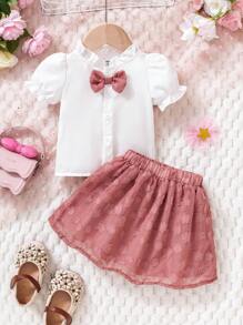 Souflis Souflis Baby Girls Casual Elegant College Style Ruffle Collar Short Sleeve Blouse And Skirt 2Pcs Set, Summer