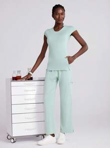 Scrubzie 1 set femeie cu decolteu în V cu mâneci crestate și pantaloni uniformă pentru scrub, culoare uni simplă