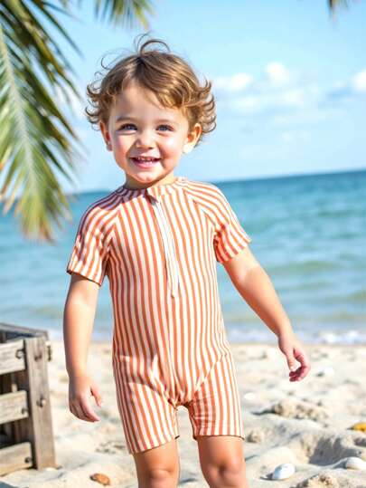 Fashionable Minimalist Baby Boy Beach Set, Front Zip Short Sleeve Romper Swimwear, Casual Holiday Sun Protection Swimsuit