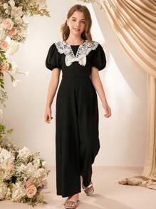 SHEIN Tween Girl 休闲可爱女孩荷叶边小飞侠领泡泡袖连体裤 - 黑色 - 查看 1