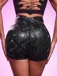 Menodora SHEIN Sport Snake Skin Pattern Crisscross Waist Athletic Shorts For Pole Dancing