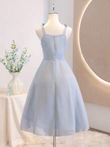 少女方领无袖细肩带蝴蝶结后背拉链优雅薄纱婚礼伴娘花童礼服 - 藍色 - 查看 2