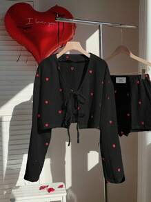 Conjunto de top de manga larga y pantalones cortos con estampado de corazones rojos y blancos, conjunto de Navidad para mujer - Negro - Ver 5
