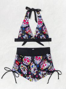 SHEIN 2pcs/Set Women Summer Beach Outfit - V-Neck Halter Random Floral Print Top And Drawstring Shorts, Elegant Bikini Set - Multicolor - View 5