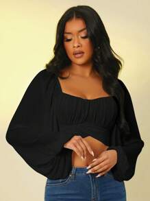 SHEIN SXY Women's Casual Solid Color Lantern Sleeve Cropped Blouse
