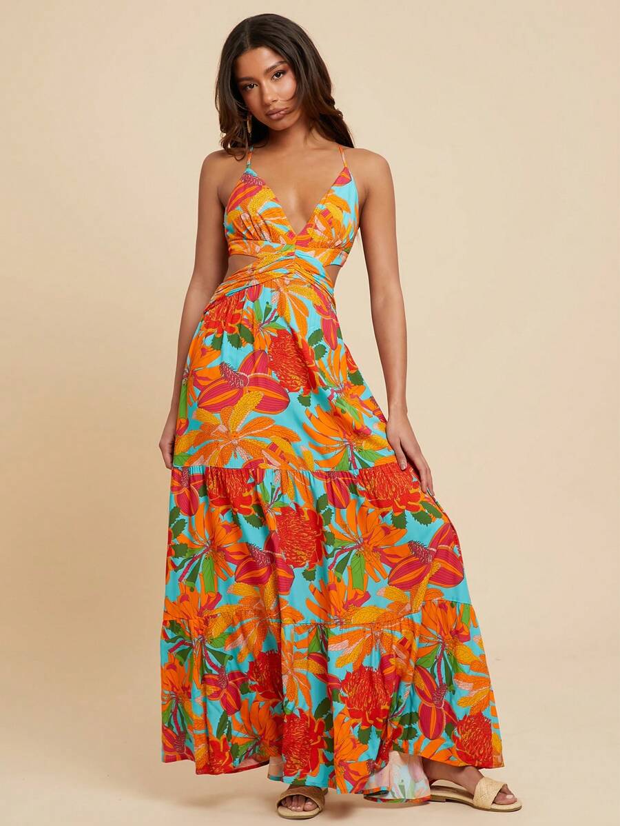 Travachic Woven Blue Floral Printed Spaghetti Strap V-Neck Backless Dress For Women,Spring&Summer,Boho Vacation Holiday Beach Western Wear,Tropical Festival - Multicolor - View 1