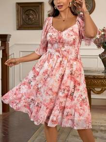 SHEIN Clasi 女式春夏花卉印花优雅泡泡袖连衣裙 - 粉色 - 查看 1