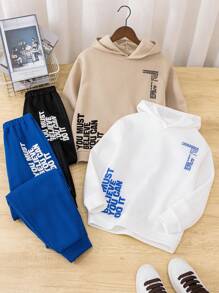 买一送一，4件/2套Tween Boy字母印花连帽羊毛运动衫和裤子2件套，适合秋季，加厚 - 彩色 - 查看 1