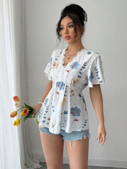 Elenzga Women's Elegant Fashion Commute Charm Casual Comfortable Holiday Ruffled Short Sleeve V-Neck Ruched Lace Trim Print Blouse (Random Print)