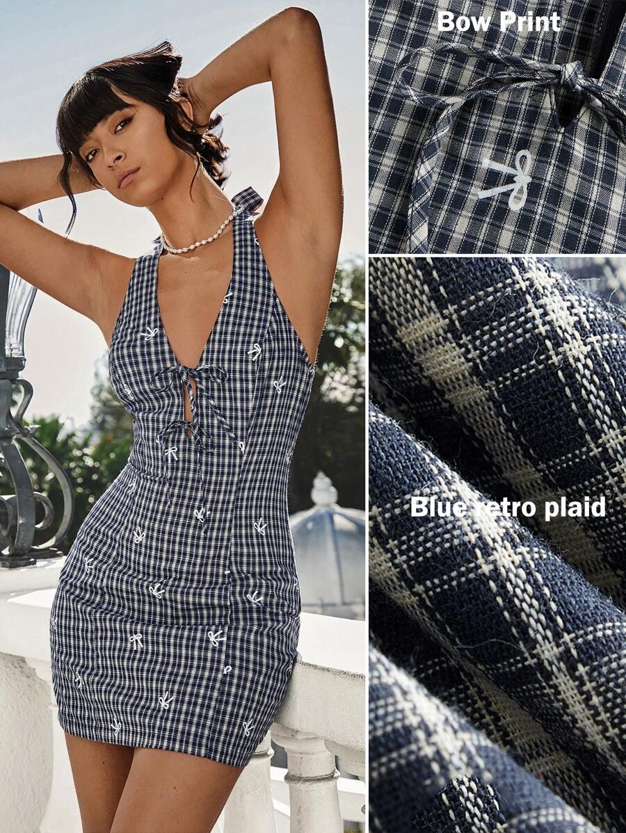 Easelle Black Plaid Woven Women's Halter Neck Dress