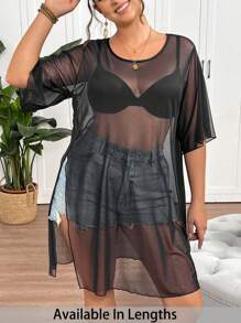 SHEIN Tall CURVE Plus Size Women Solid Color Round Neck Short Sleeve Loose Mesh T-Shirt - Black - View 1