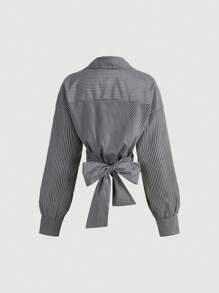 SHEIN MOD Áo sơ mi dài tay quấn bất đối xứng kẻ sọc trắng và kaki có thiết kế hình chữ thập và nơ ở lưng, trang phục nữ cao bồi - màu đen - Xem 2