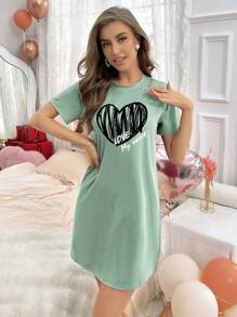 女士圆领短袖黑色爱白色字母印花睡袍