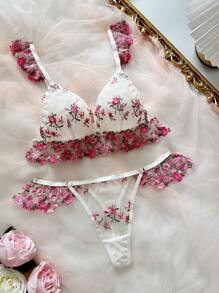 2pcs/Set Women Romantic Floral Embroidered Lingerie Set - White - View 1