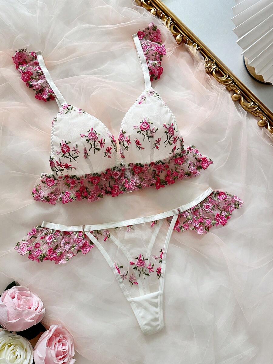 2pcs/Set Women Romantic Floral Embroidered Lingerie Set - White - View 1
