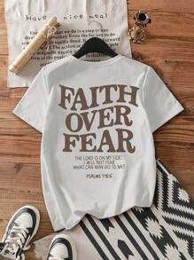 Attitoon Casual Round Neck Retro English Graphic White Short Sleeve Fitted T-Shirt For Women, Summer-Suitable