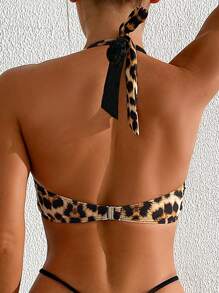 Swim Vcay 2025 Women's Summer Beach Leopard Print Criss-Cross Halter Neck Tie Up Sexy Bikini Top - Multicolor - View 2