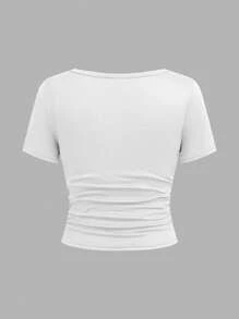 SHEIN Set de 2 camisetas básicas de cuello cuadrado de unicolor blanco para niñas preadolescentes, cómodas y sencillas, lleve 1 y lleve 1 gratis - Blanco y Negro - Ver 6