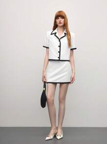 BizChic Women's 2pcs White Suit Set, Elegant Everyday Office Date Casual Commuter Holiday Outfit, Short Sleeve Blazer & Mini Skirt, Spring & Summer - Black and White - View 1