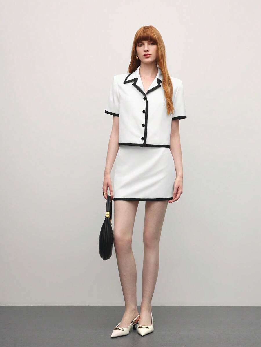 BizChic Women's 2pcs White Suit Set, Elegant Everyday Office Date Casual Commuter Holiday Outfit, Short Sleeve Blazer & Mini Skirt, Spring & Summer - Black and White - View 1