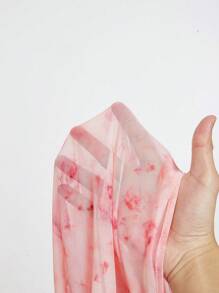 SHEIN MOD 大码女式粉红玫瑰扎染印花 V 领蕾丝荷叶边袖衬衫 - 粉色 - 查看 5