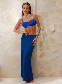 Swim Oasis Women 3-Piece Solid Color Supportive Strap Bikini Set, Fashionable Sexy See-Through Long Skirt Beach Swimwear For Summer Beach Vacation - Royal Blue - View 1