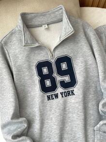 SHEIN Leap Crew 2pcs/Set Teen Boys NEW YORK Print Grey Mock Neck Zip-Up Hoodie And Jogger Pants Set, Suitable For Autumn, Winter, Warmth, Casual, Sports, Birthday Party, All-Match Simple Fleece